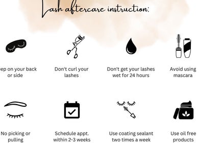 Instrucciones de cuidado de pestañas en Lucero's Lash Studio, Willemstad, CW con iconos y consejos detallados.