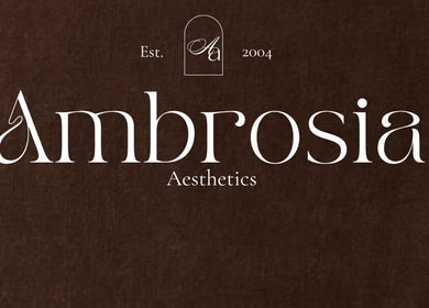 Ambrosia Aesthetics By LCM Beauty logo on a brown background, Molendinar, Queensland, AU.