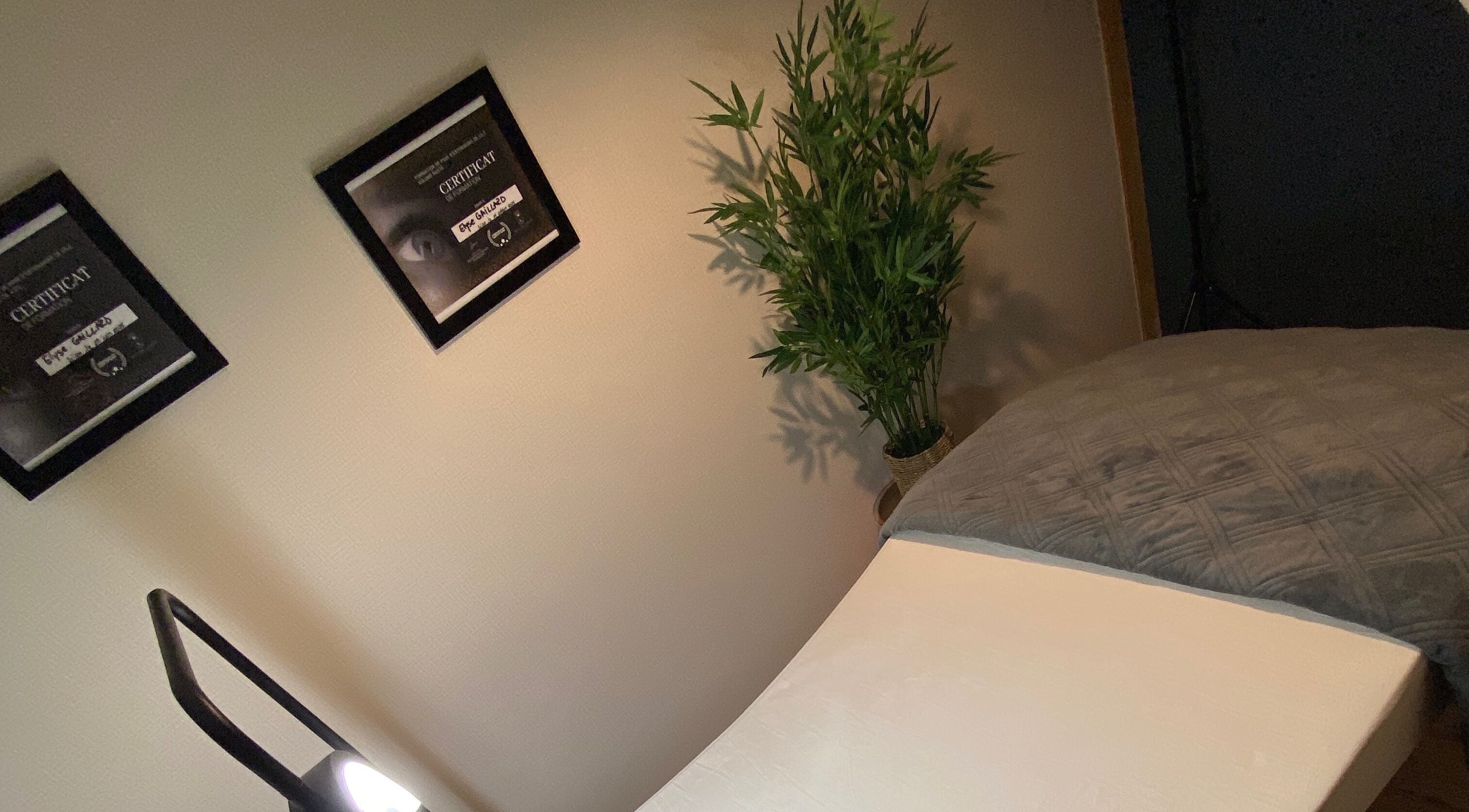 Salle détente chez Pro Extensions, Curtil-Vergy, Bourgogne-Franche-Comté, FR avec lit, bambou et certificats au mur.