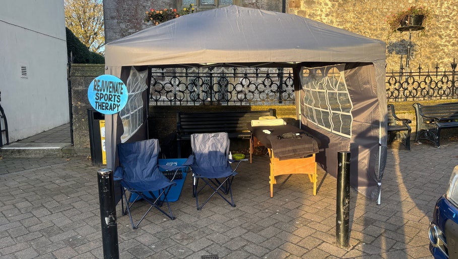 Outdoor therapy tent at Rejuvenate Sports Therapy, Milford Haven, Wales, GB, offers relaxing wellness services.