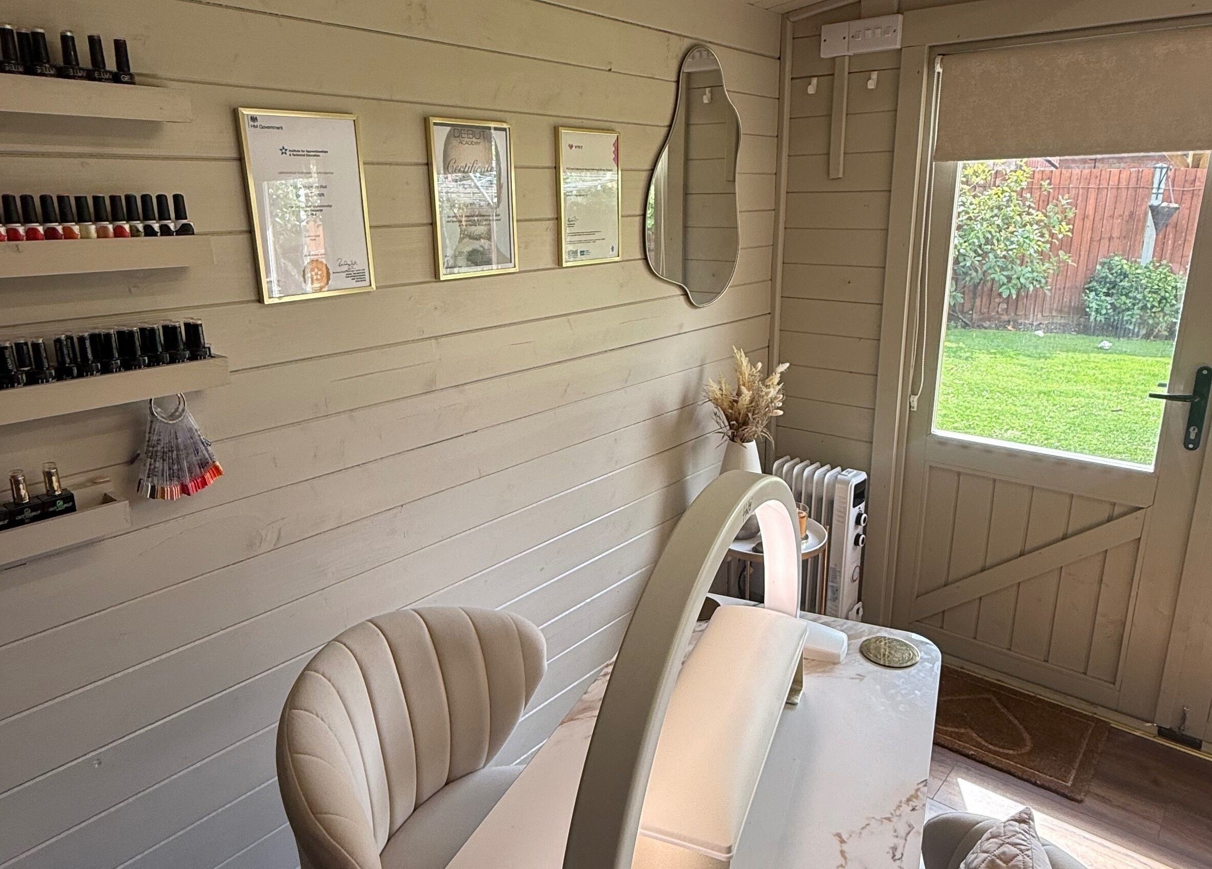 Elegant nail station at Ljbeautystudio in Wickford, England, GB, showcasing manicure tools and nail polish.
