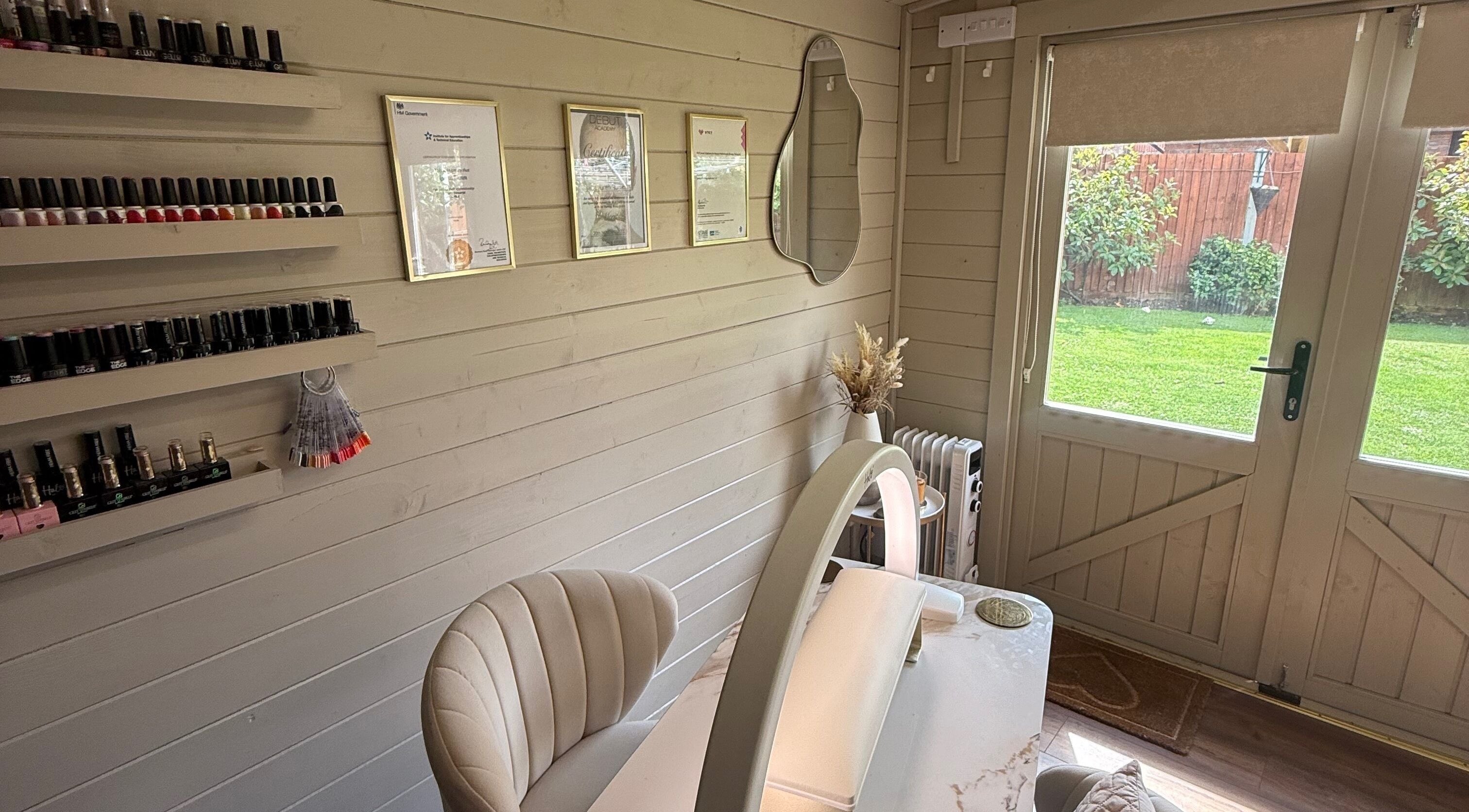 Elegant nail station at Ljbeautystudio in Wickford, England, GB, showcasing manicure tools and nail polish.