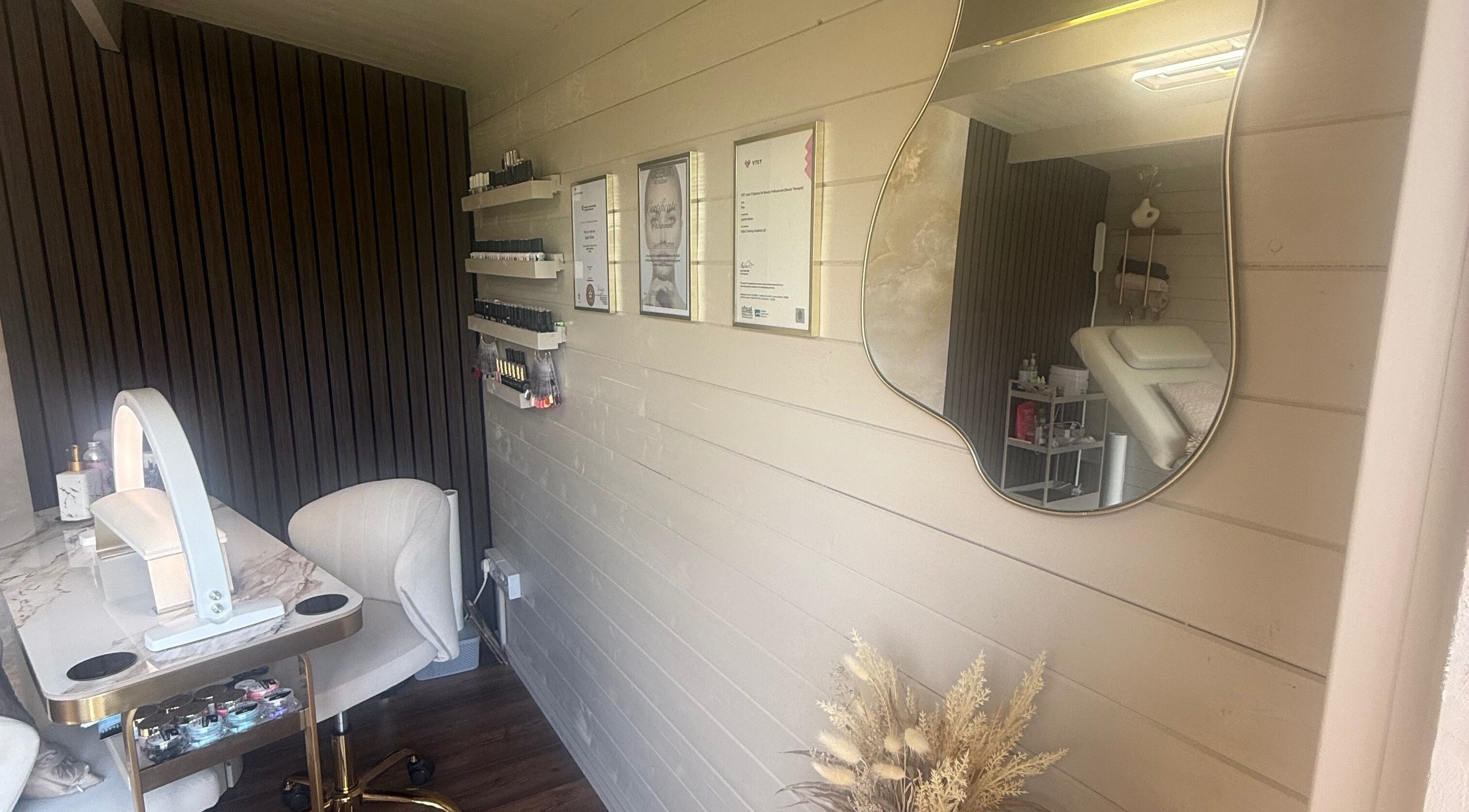 Elegant nail station and decor at Ljbeautystudio, Wickford, England, GB. Cozy, stylish, and inviting ambiance.