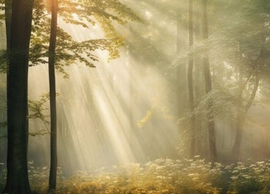 Sunlight filtering through tranquil forest near Jenni Moresco Therapy, Baldock, England, GB.