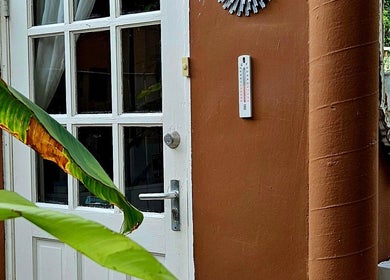 Charming entrance at MbeautySpa, Willemstad, Curaçao, CW, adorned with lush greenery and rustic decor.