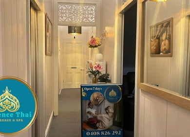 Elegant hallway at Pumy's Essence Thai Massage & Spa West End, Queensland, AU, showcasing relaxation ambience.
