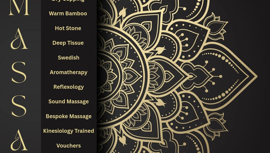 Services at Mmmassage, Hastings, England, with gold mandala design showcasing massage techniques.