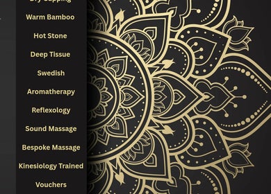 Services at Mmmassage, Hastings, England, with gold mandala design showcasing massage techniques.
