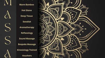 Services at Mmmassage, Hastings, England, with gold mandala design showcasing massage techniques.