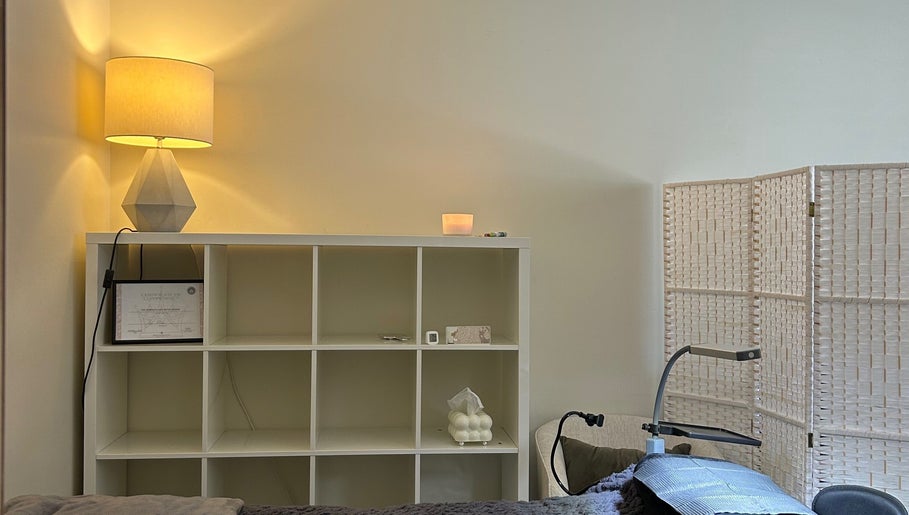 Opaline Beauty treatment room in Greenfields, Western Australia with ambient lighting and chic decor.