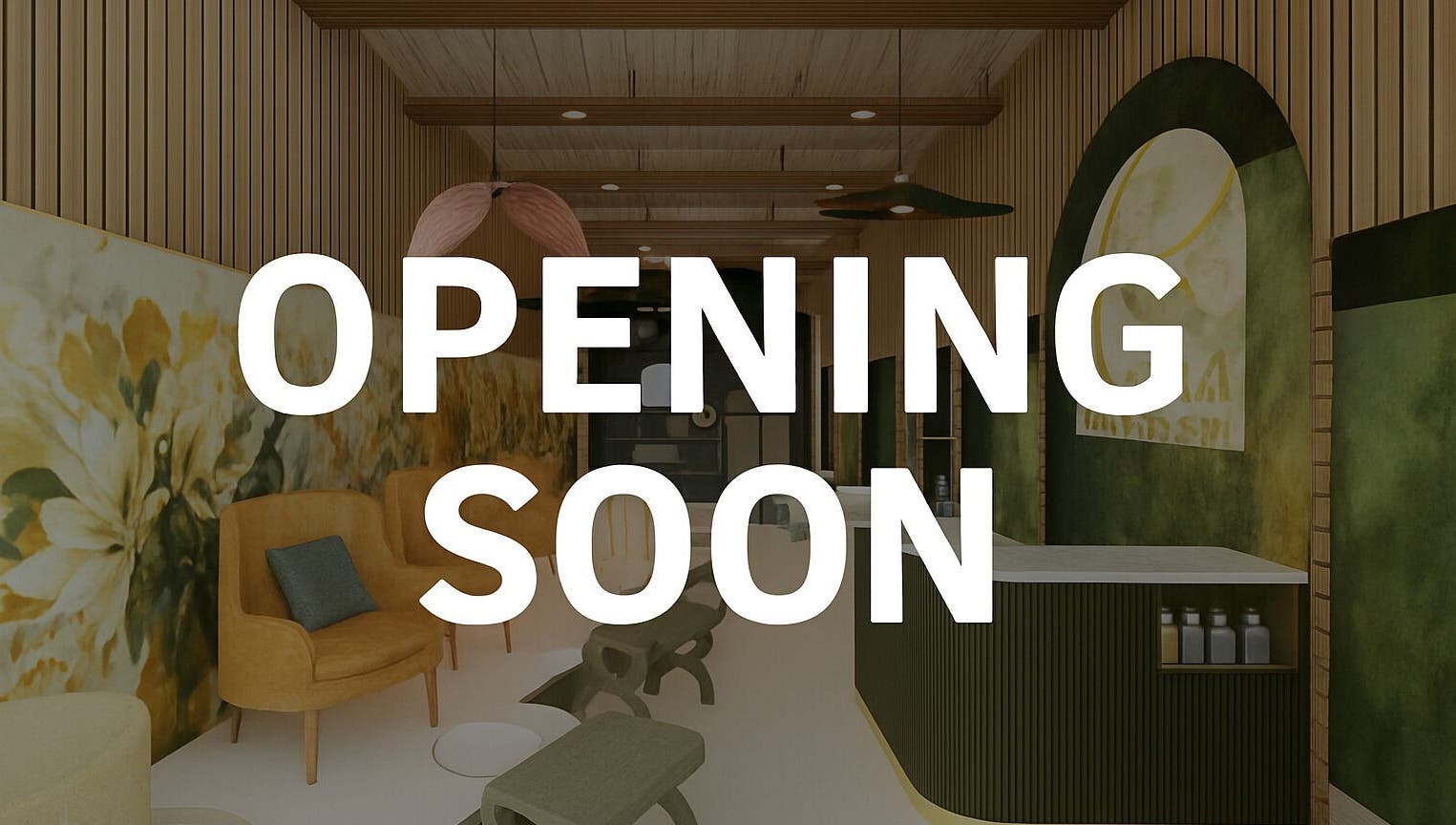 Elegant interior of AURA BEAUTY BAR in Cape Town, Western Cape, ZA, with an 'Opening Soon' sign.