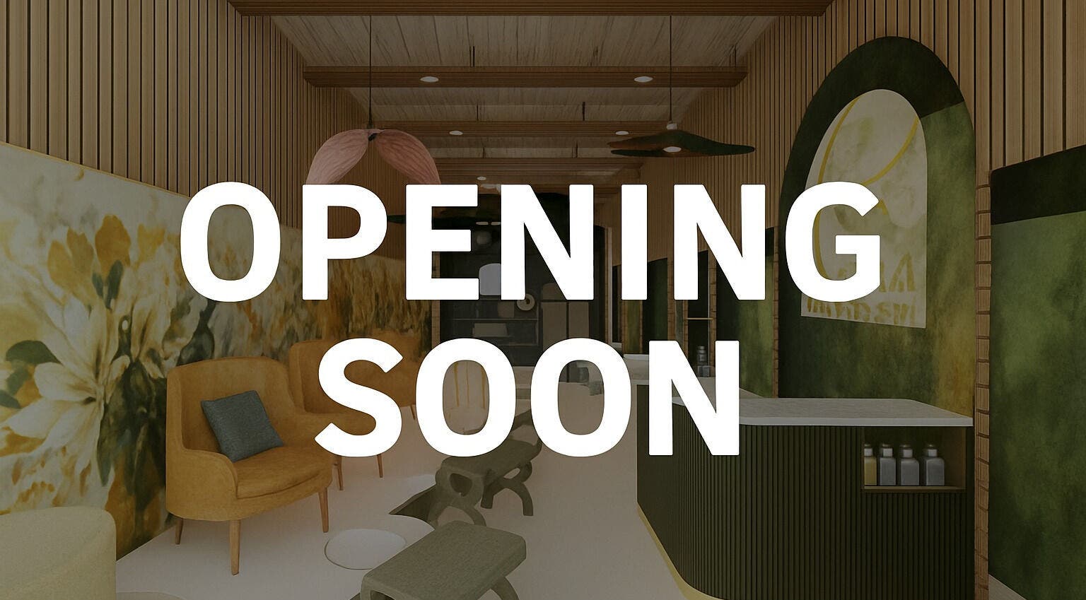 Elegant interior of AURA BEAUTY BAR in Cape Town, Western Cape, ZA, with an 'Opening Soon' sign.