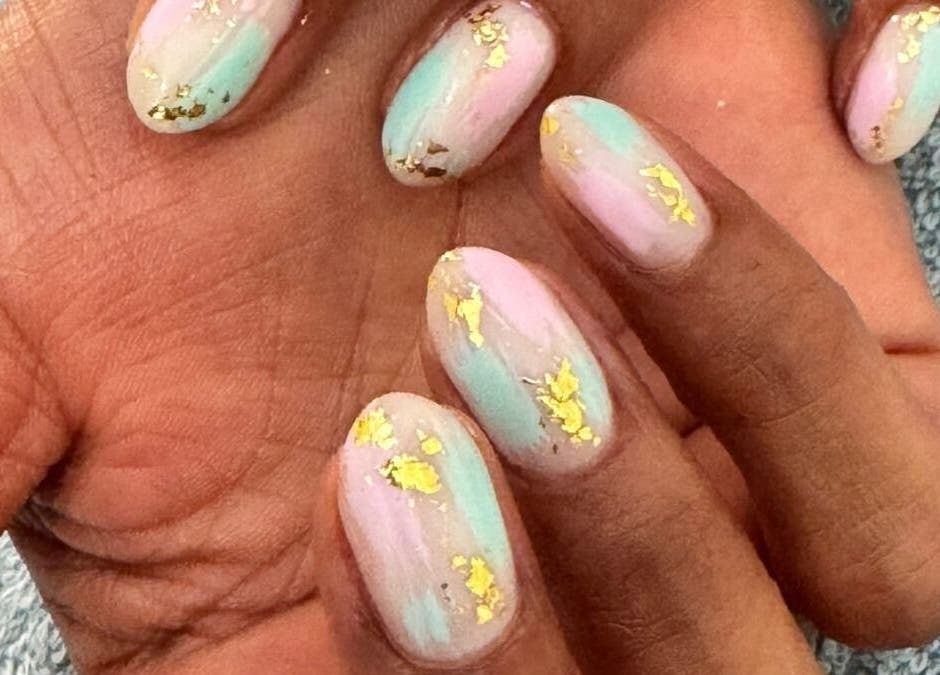 Elegant pastel nails with gold accents at AURA BEAUTY BAR, Cape Town, Western Cape, ZA.