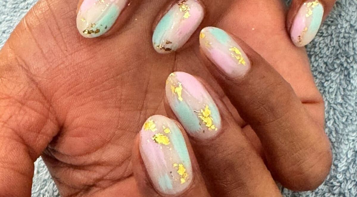 Pastel and gold foil nails at AURA BEAUTY BAR, Cape Town, Western Cape, ZA.