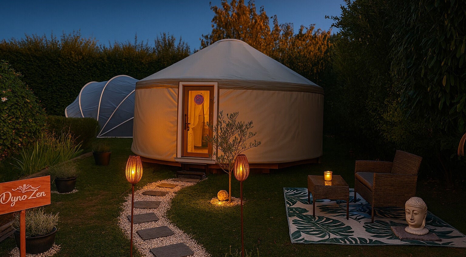 Espace extérieur paisible au Dyna Zen, Saint-chéron, Île-de-france, FR, éclairé par des lumières douces.