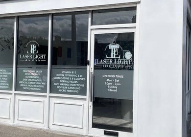 Front view of Laser Light Skin Clinic in Dagenham, England, GB showcasing services and opening hours.