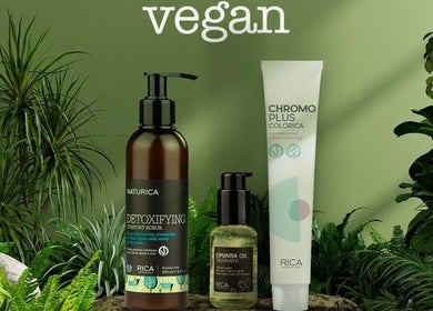 Vegan hair care products at GIAhairconcept, Utrecht, Utrecht, NL, amidst lush greenery.
