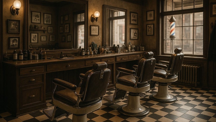 Interno elegante del Barbiellone a Faiano, Campania, IT, con sedie da barbiere vintage.