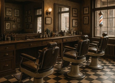 Interno elegante del Barbiellone a Faiano, Campania, IT, con sedie da barbiere vintage.
