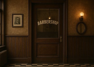 Entrata vintage del Barbiellone barbershop a Faiano, Campania, IT, con legno e dettagli classici.