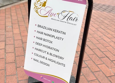 Ane Hair Cork sign listing services like keratin and nail design in Cork, County Cork, IE.