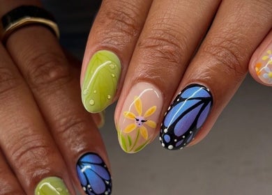 Colorful floral nail art at Speakeasy Nail Studio, Lynnwood, Washington, US.