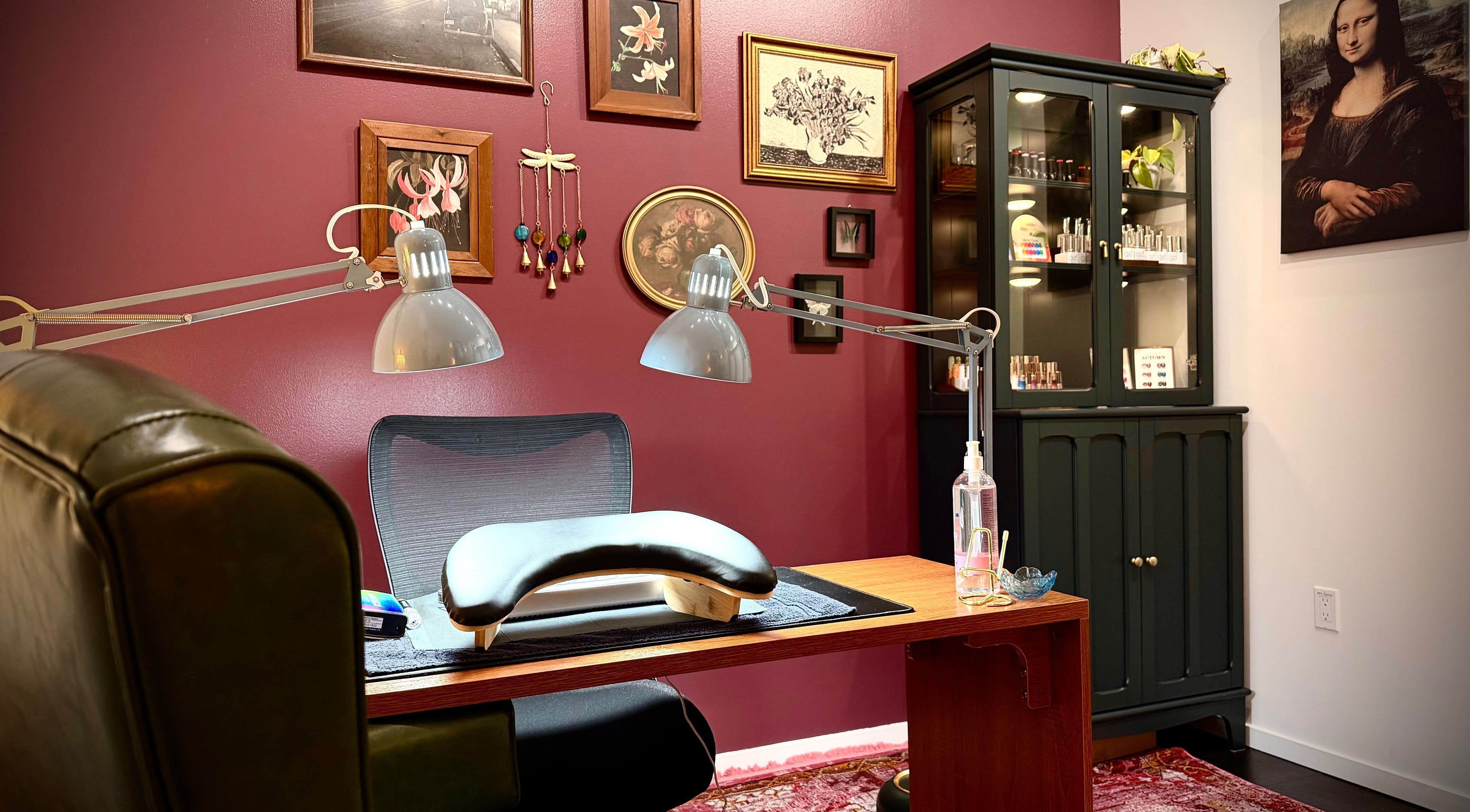 Interior of Speakeasy Nail Studio in Lynnwood, Washington, US, featuring elegant decor and cozy nail care station.