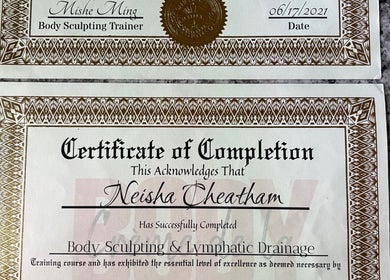 Body sculpting certificate displayed at Imperfect Beauty Bar, Grand Prairie, Texas, US.