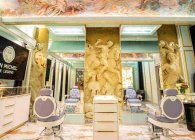 Luxurious interior of San Michel The Legend Barbershop in Glendale, California, US with ornate decor.