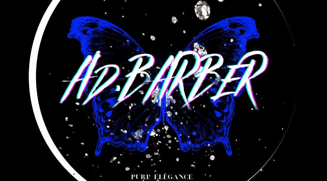 Logo AD'BARBER avec papillon bleu, Aigle, Vaud, CH.