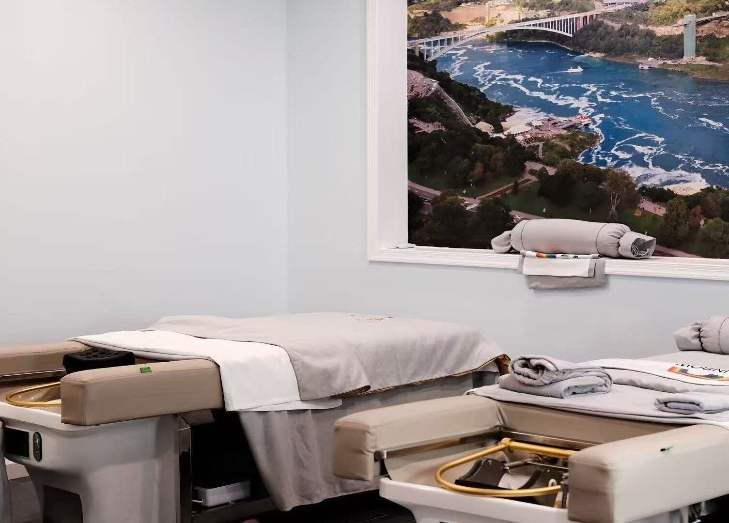 Relaxing massage beds at Rainbow Beauty Spa, Norristown, Pennsylvania, US, with calming decor.