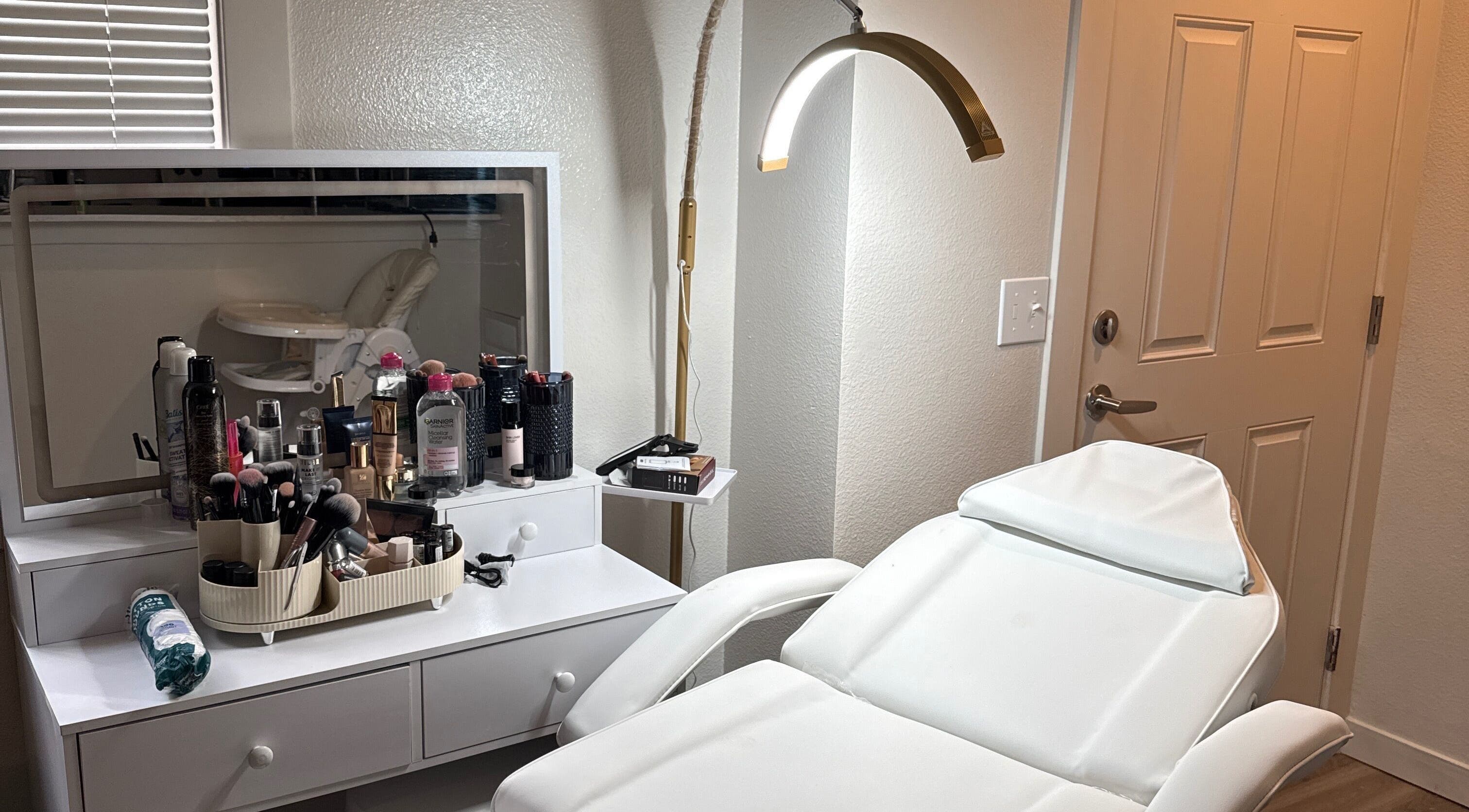 Elegant makeup station at Shohina_makeup, Kent, Washington, US, featuring brushes and products.