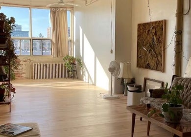 Sunlit studio at Pilatique in Montréal, Québec, CA with vintage decor and potted plants.