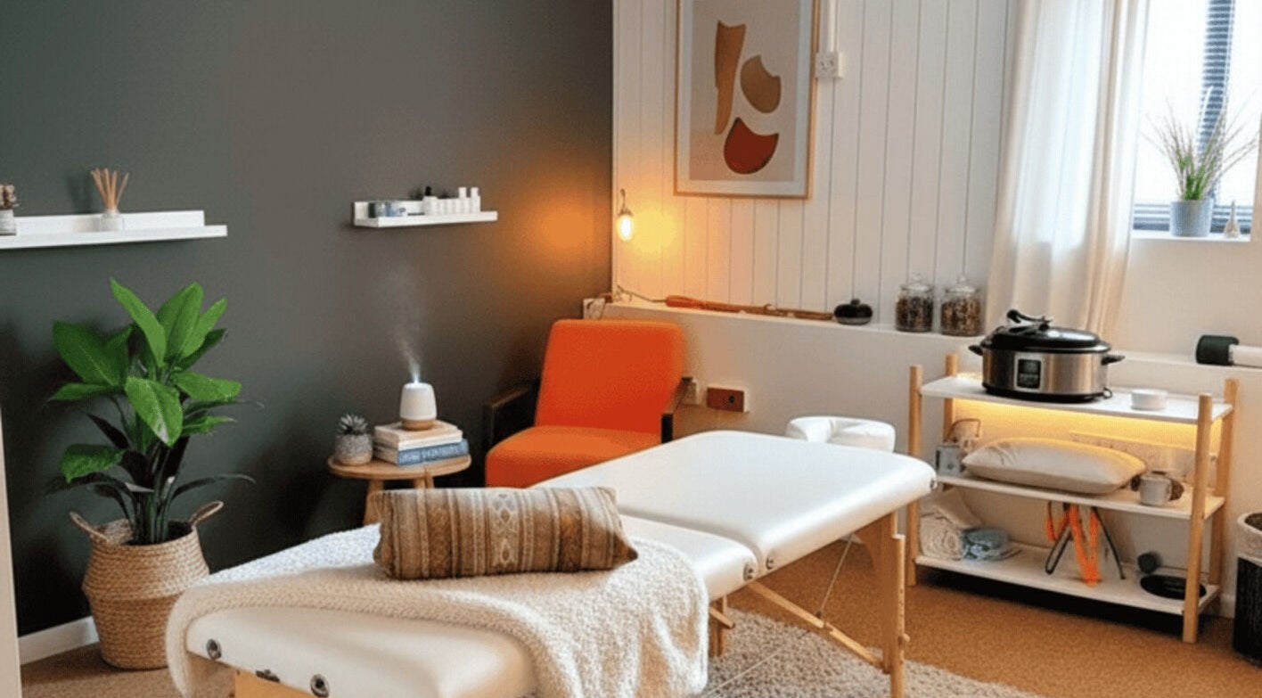 Calming therapy room at The Unburden, Hassocks, England, GB, featuring massage table and warm lighting.