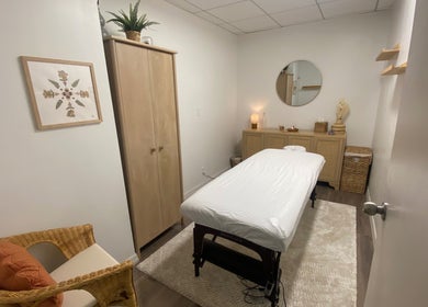 Tranquil treatment room at Bruna Monteiro Yoga and Holistic Therapies, Beverly Hills, California, US.