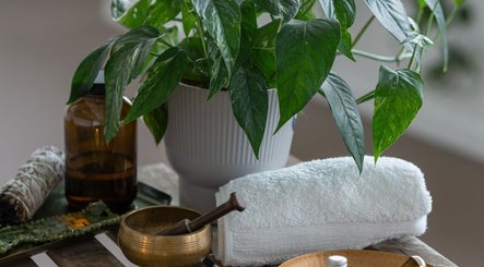 Peaceful plant and spa essentials at Bruna Monteiro Yoga and Holistic Therapies, Beverly Hills, California, US.