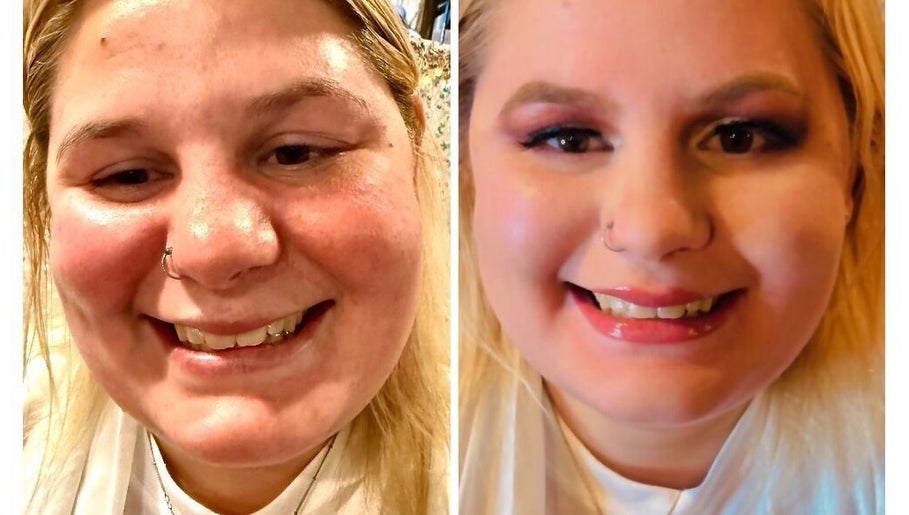 Before and after makeup transformation at Glam’d Luxxe in Hubbard, Ohio, US showcasing enhanced beauty.