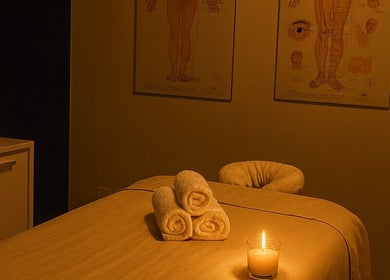 Relaxing massage room at Shanti Massage, Montréal, Québec, CA with candlelight and soft towels.