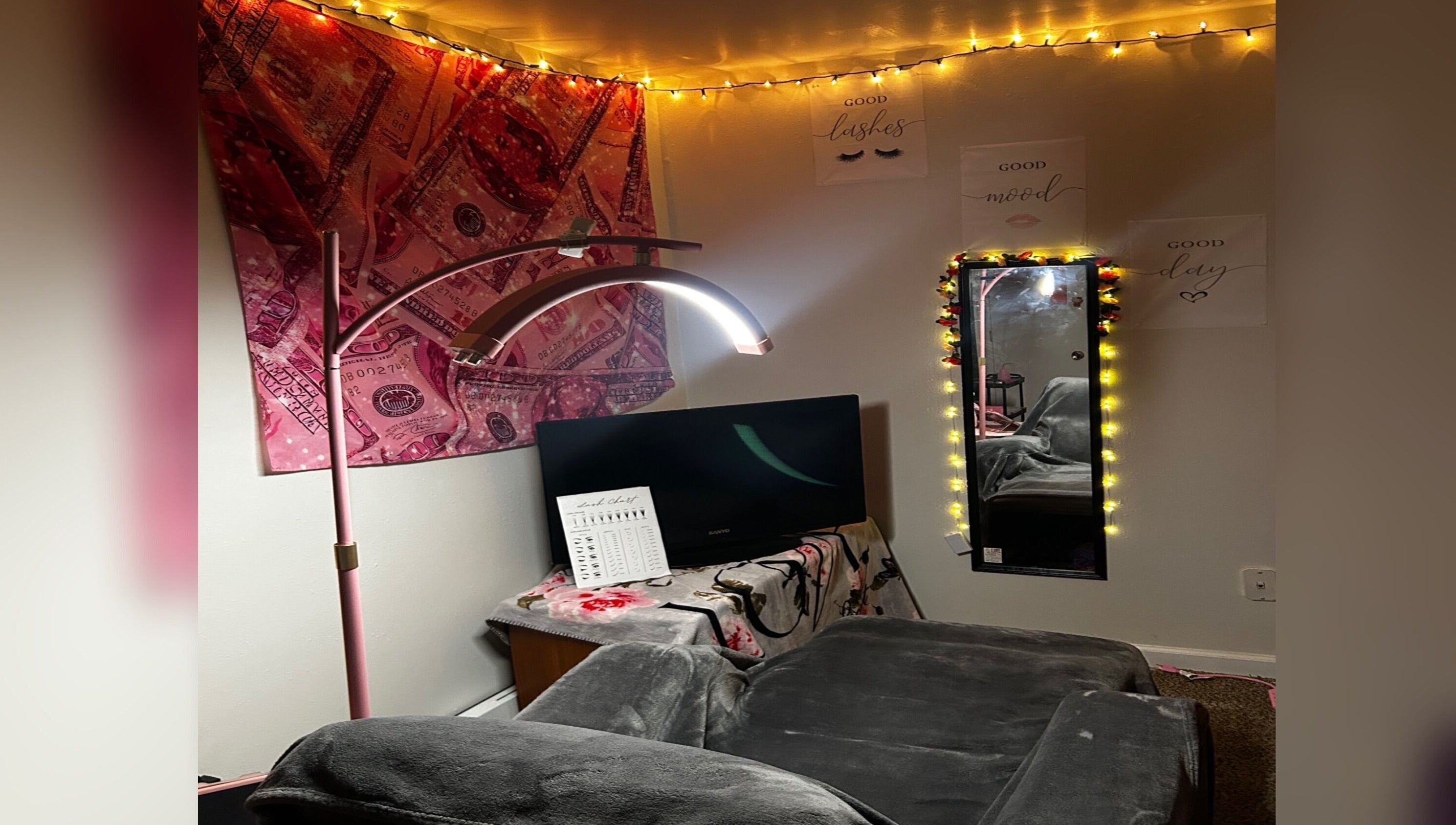 Cozy, well-lit beauty room at Blush and Blink Studio, Festus, Missouri, US with stylish decor.