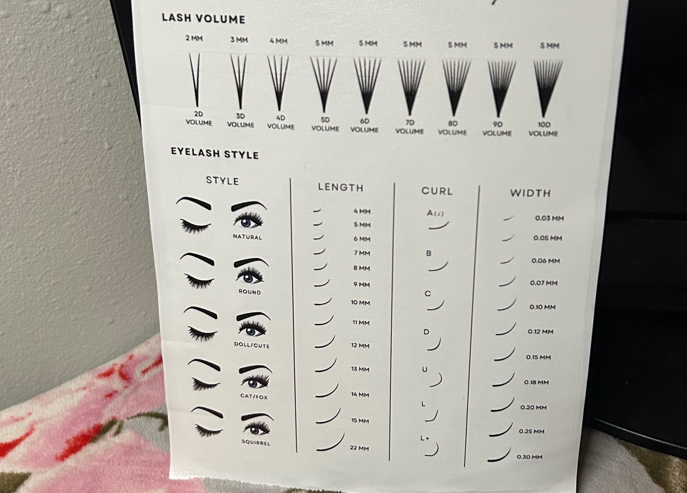 Eyelash style and volume guide at Blush and Blink Studio, Festus, Missouri, US.
