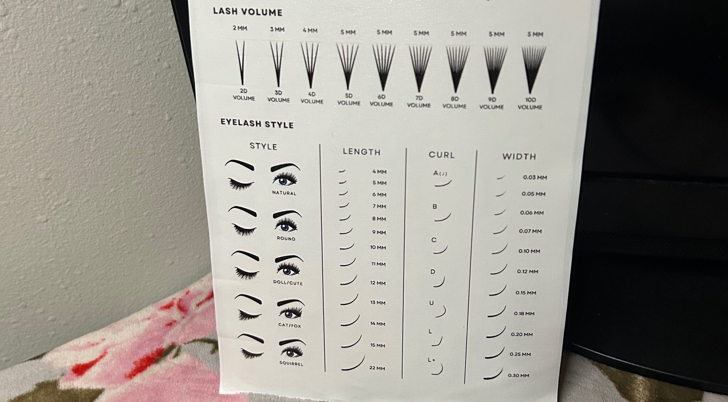 Eyelash style and volume guide at Blush and Blink Studio, Festus, Missouri, US.