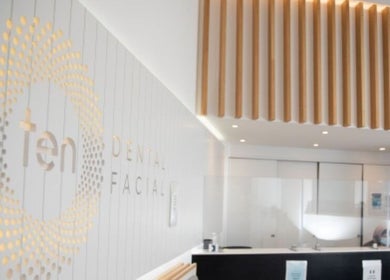 Modern reception area of Ten Dental + Facial in London, England, GB with stylish decor.