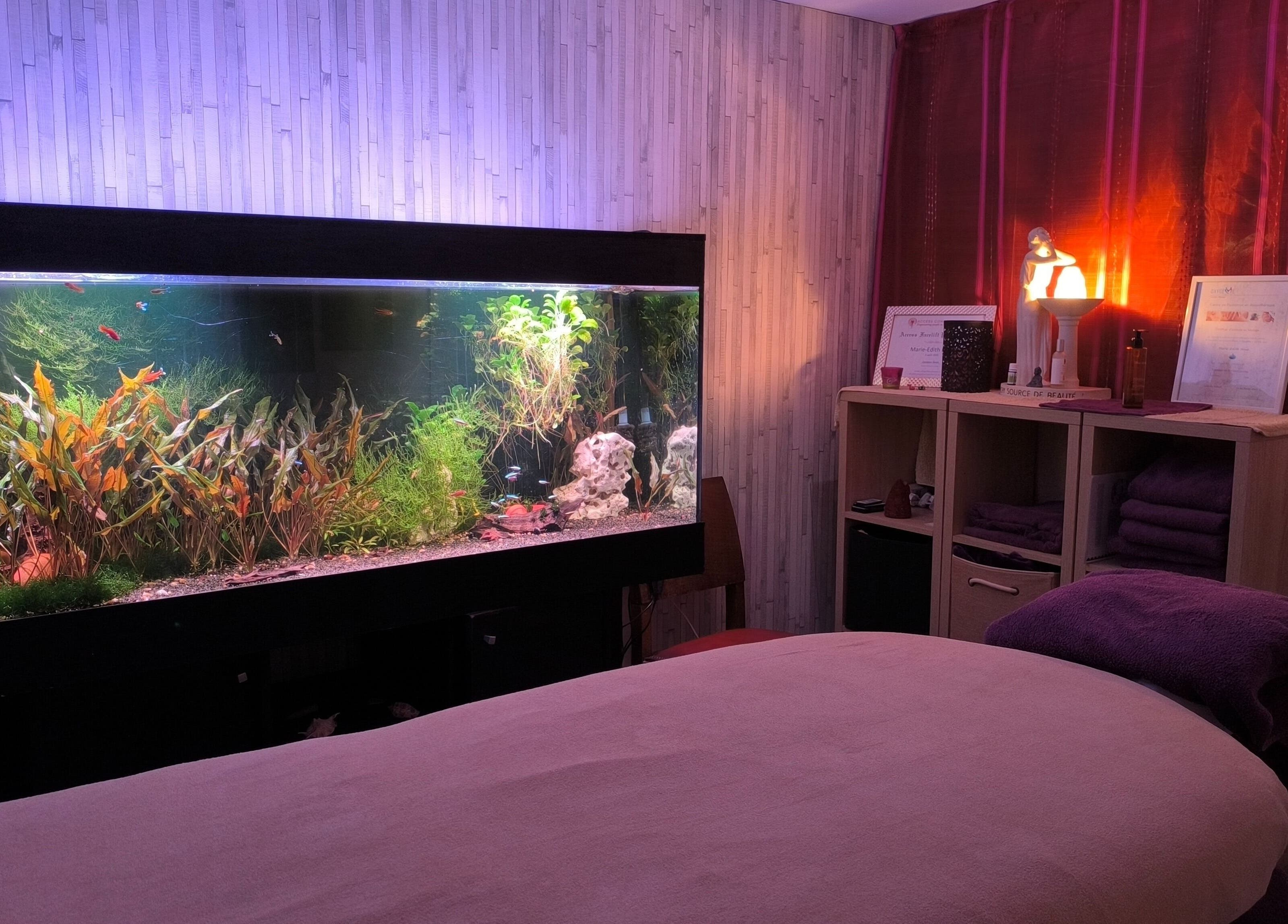 Salle de massage avec aquarium relaxant chez Zen-Shi, Hayange, Grand Est, FR.