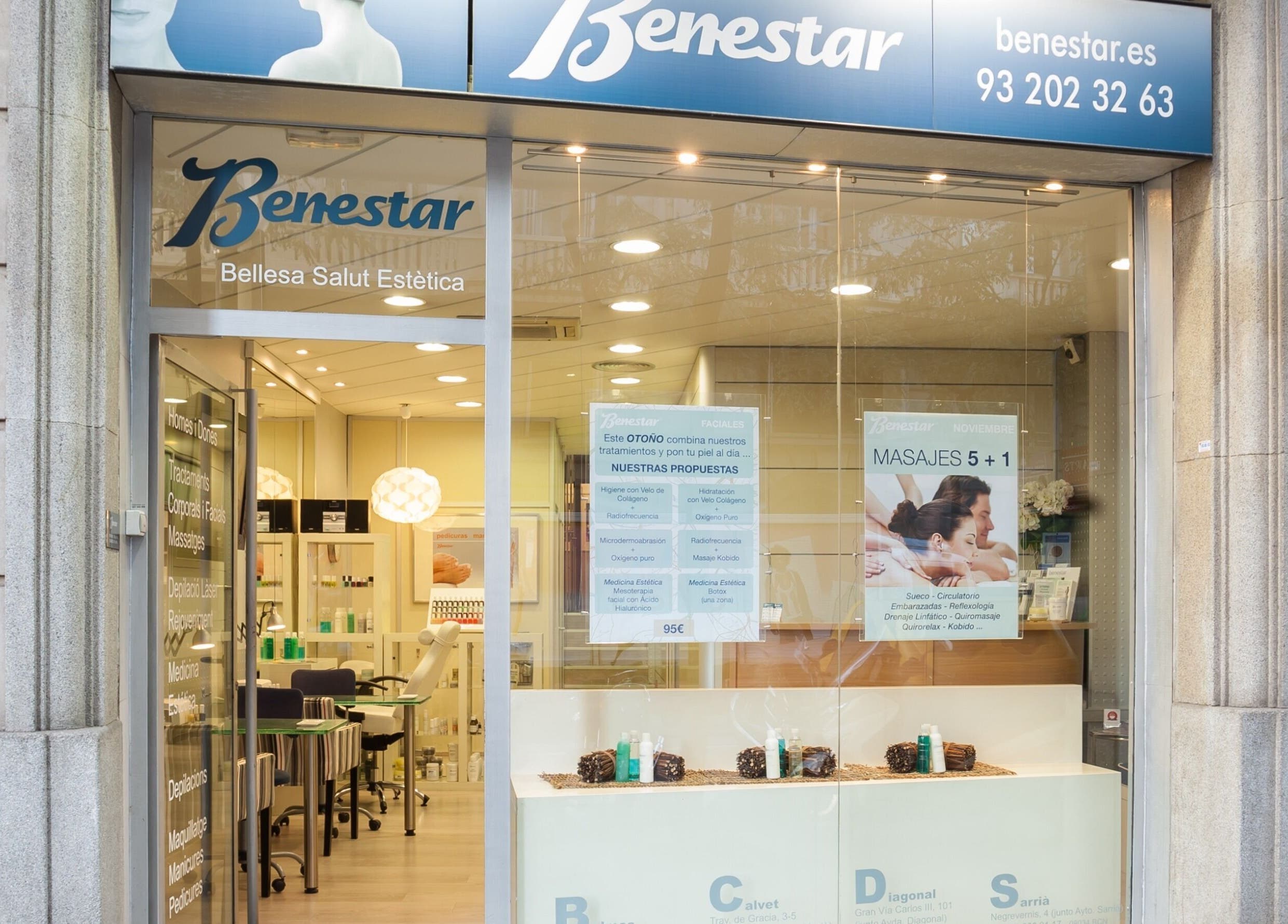 Entrada de Benestar Calvet en Barcelona, Catalunya, ES mostrando servicios de belleza y bienestar.