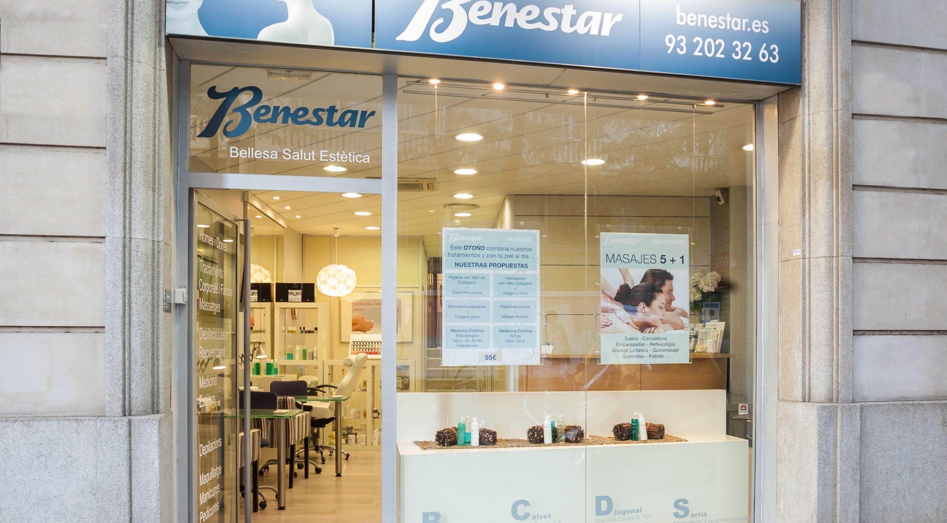 Entrada de Benestar Calvet en Barcelona, Catalunya, ES mostrando servicios de belleza y bienestar.