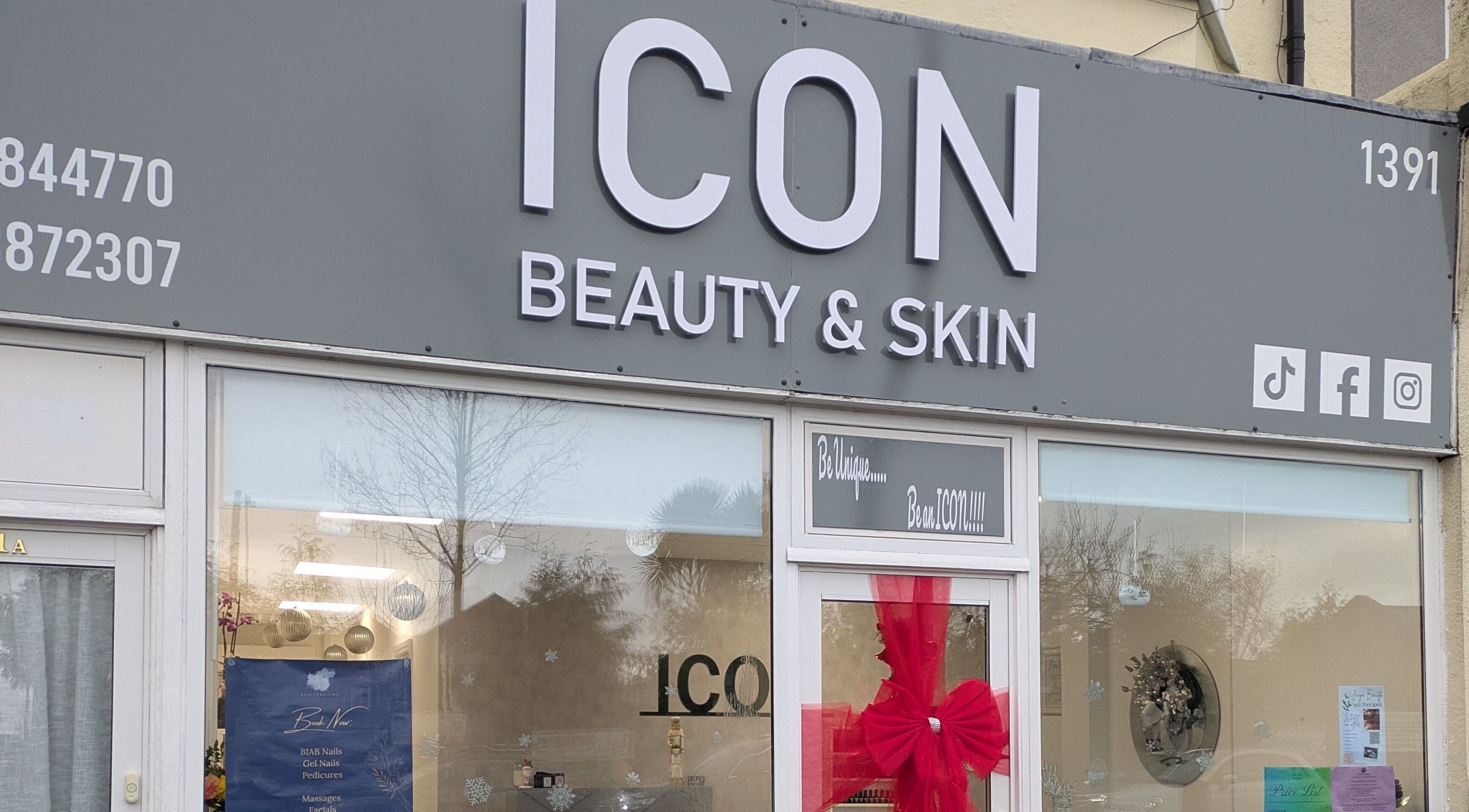 Icon Beauty & Skin storefront at Jaiya Beauty, Southend-on-sea, England, GB. Elegant signage with window decor.