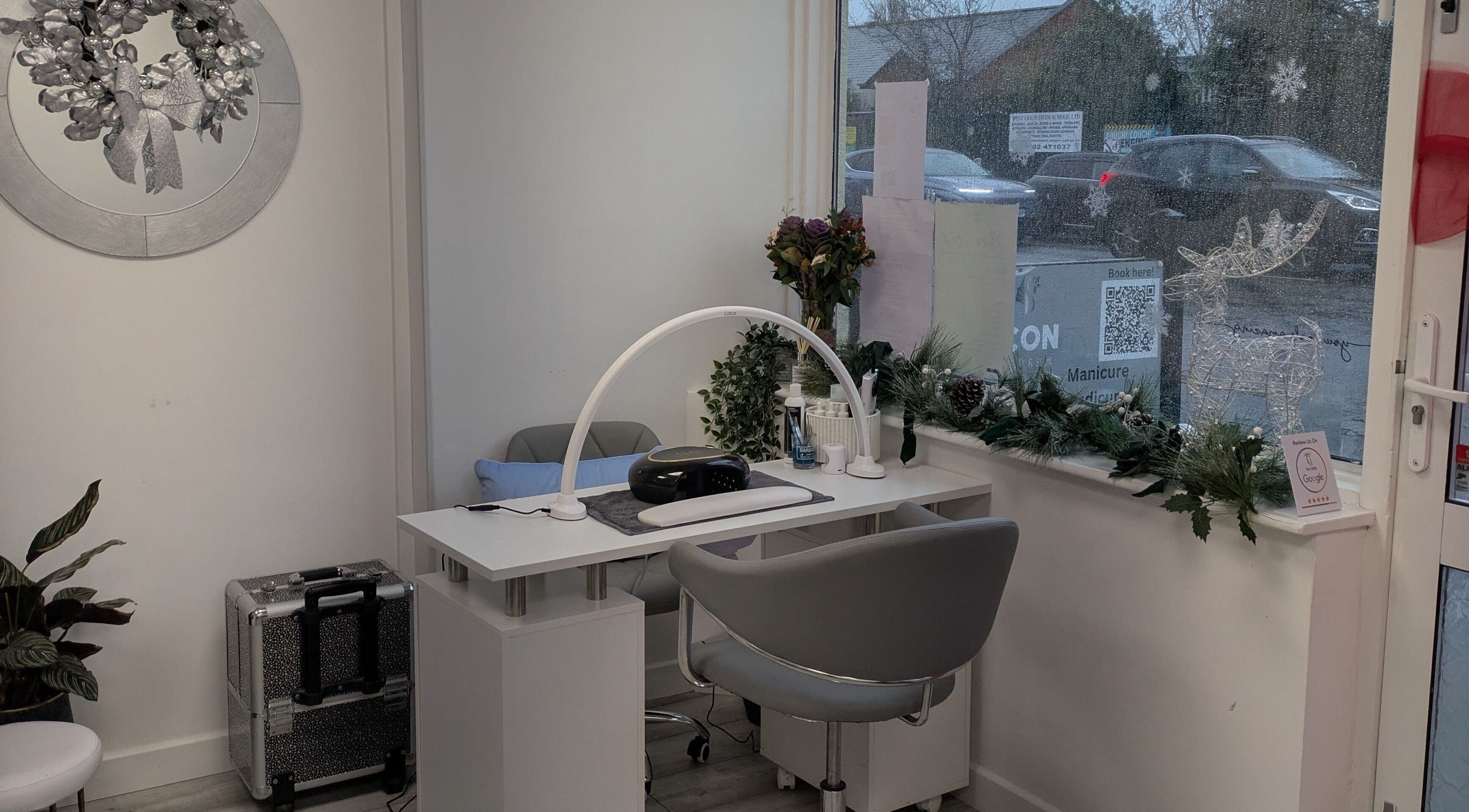 Manicure station at Jaiya Beauty in Southend-on-sea, England, GB featuring stylish decor and cozy seating.