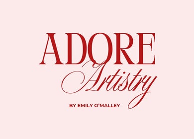 Adore Artistry by Emily O'Malley logo in Mandurah, WA, AU, featuring stylized red text on a pink background.