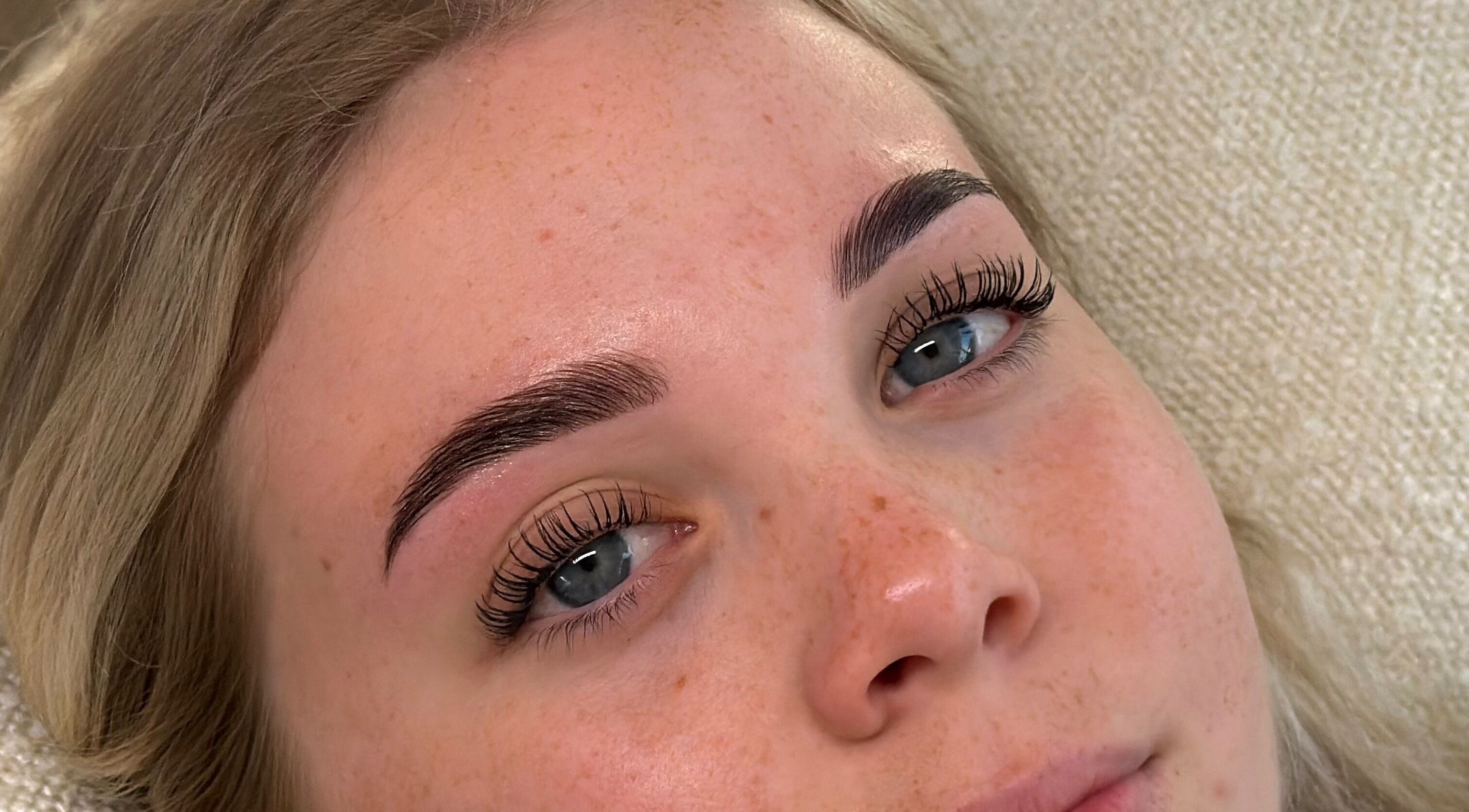 Beauty treatment at Adore Artistry in Wannanup, Western Australia, highlighting styled lashes and brows.