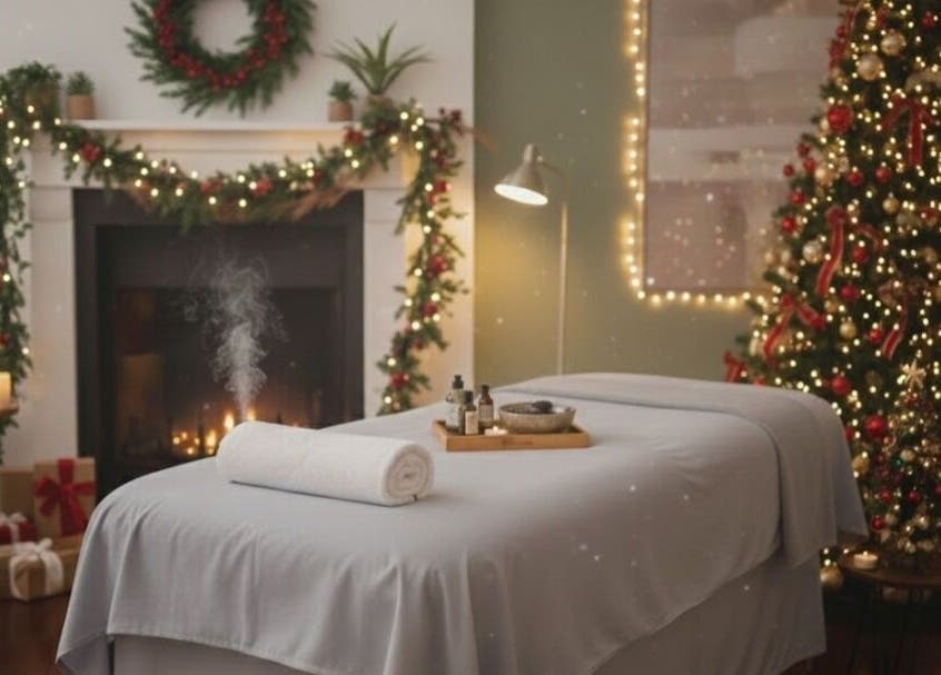 Cozy massage room at Massage2u.uk Ladies Only in Lawford, England, GB with festive Christmas decor.